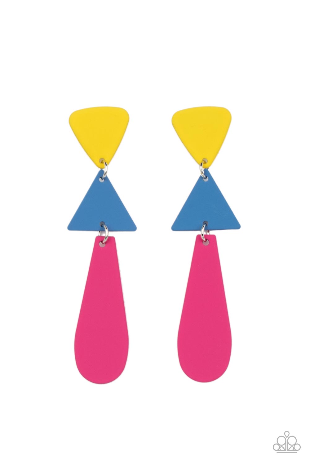 Retro Redux - Multi Matte Finish Earrings featuring a flat matte finish, an Illuminating triangle, a French Blue triangle, and an oval Fuchsia Fedora frame delicately links into a colorfully retro lure. Earring attaches to a standard post fitting.  Sold as one pair of post earrings.