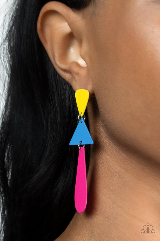 Retro Redux - Multi Matte Finish Earrings featuring a flat matte finish, an Illuminating triangle, a French Blue triangle, and an oval Fuchsia Fedora frame delicately links into a colorfully retro lure. Earring attaches to a standard post fitting.  Sold as one pair of post earrings.