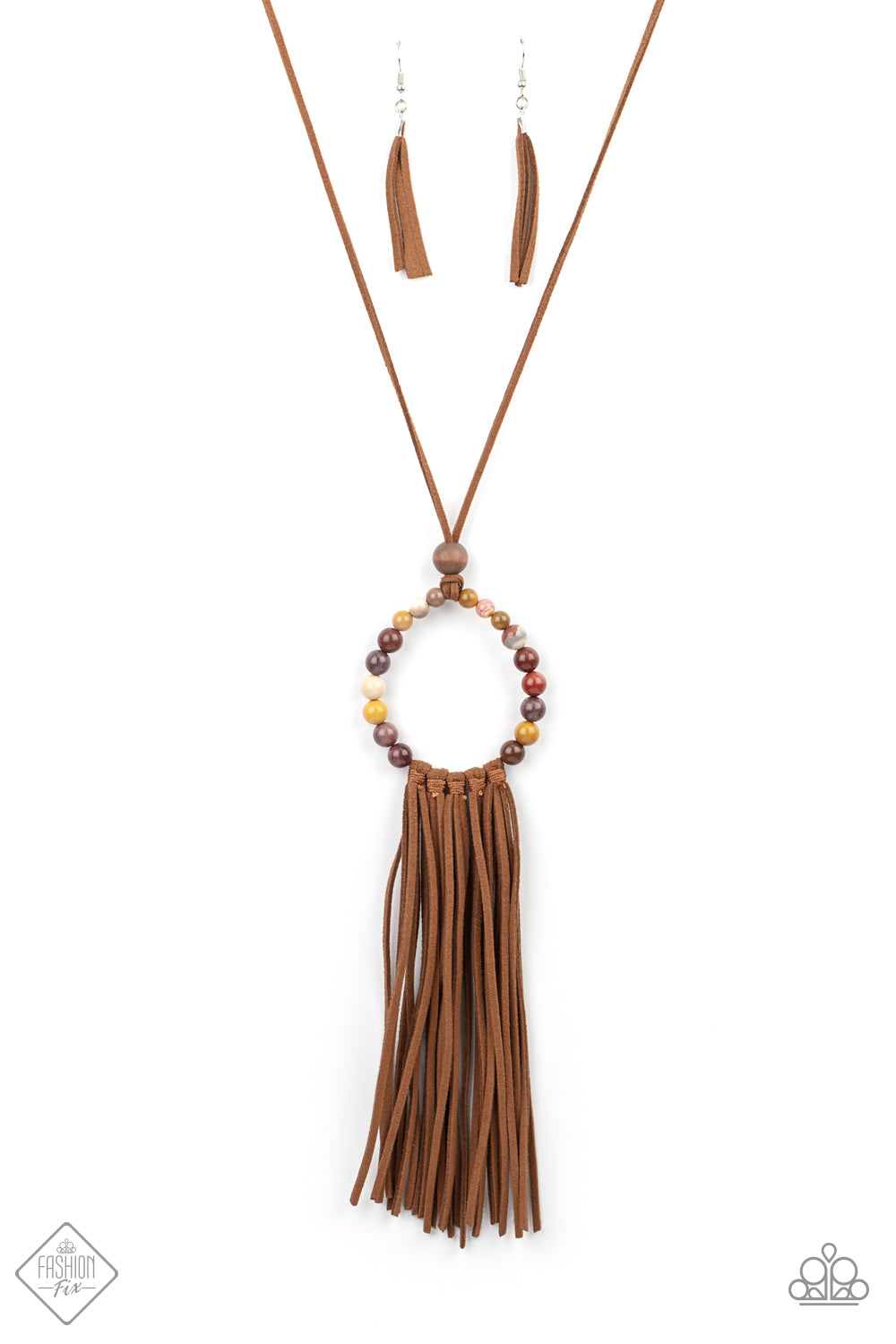 Namaste Mama - Multi Stone Bead Necklaces - Paparazzi Accessories a collection of earthy multicolored stone beads are threaded around a wire hoop that is fastened at the end of a lengthened brown suede cord. The earthy stones make way for a foxy fringe of brown suede that sways from the bottom of the hoop, resulting in a rustic down-to-earth vibe. Features an adjustable clasp closure.