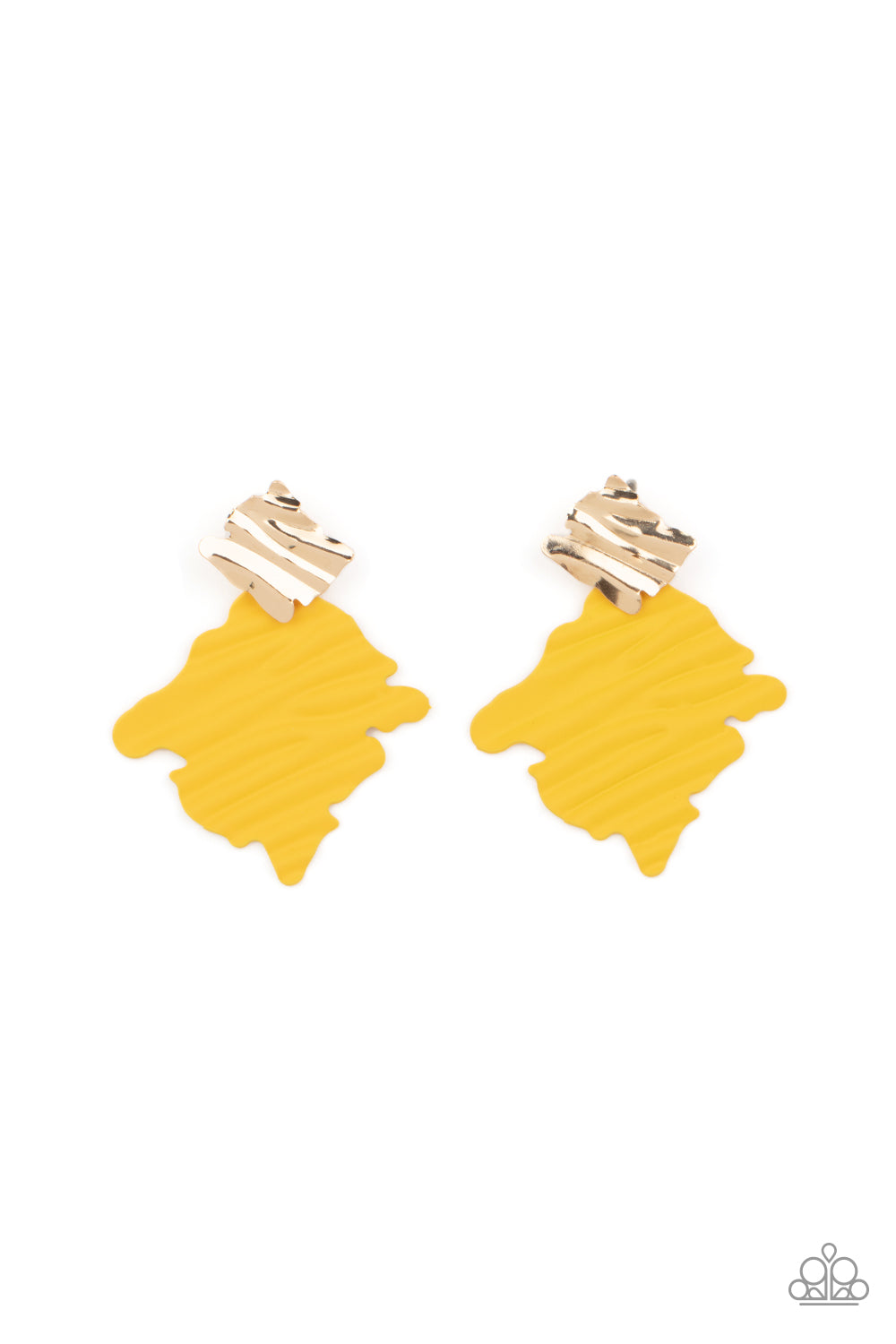 Crimped Couture - Yellow Frame Earrings - Paparazzi Accessories painted in a rustic finish, a rippling Mustard frame links to a dainty gold frame featuring crimped texture, resulting in a modern lure. Earring attaches to a standard post fitting.