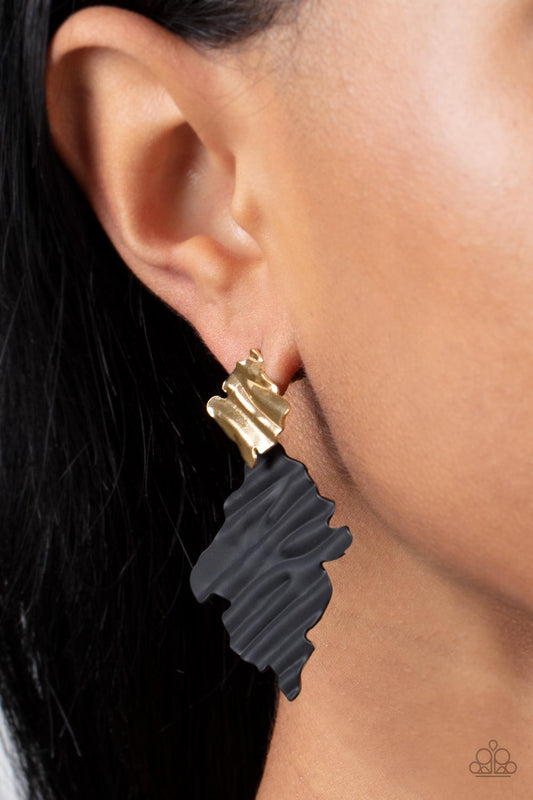 Crimped Couture - Gold Crimped Earrings painted in a matte finish, a rippling black frame links to a dainty gold frame featuring crimped texture, resulting in a modern lure. Earring attaches to a standard post fitting.  Sold as one pair of post earrings.