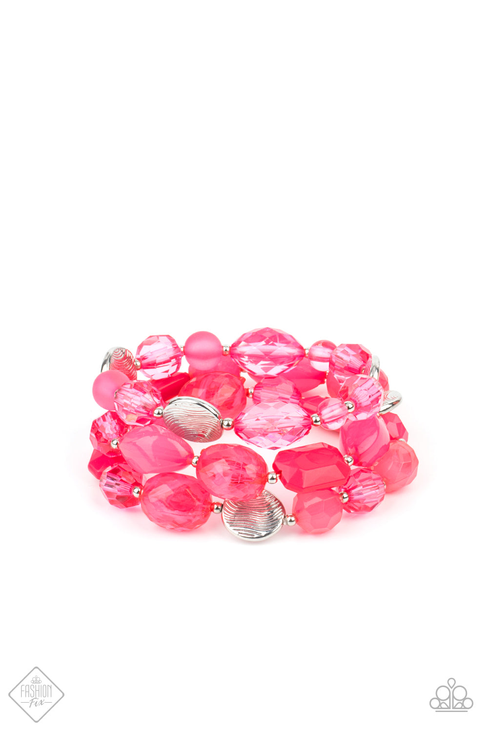 Oceanside Bliss - Pink Bracelets glassy and opaque Raspberry Sorbet crystal-like beads and textured silver accents are threaded along stretchy bands around the wrist, creating vivacious layers.  Sold as one individual bracelet.  Paparazzi Jewelry is lead and nickel free so it's perfect for sensitive skin too!