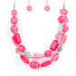 Oceanic Opulence - Pink Necklace varying in shape and opacity, a vibrant collection of faceted and smooth Raspberry Sorbet beads join textured silver discs and dainty silver beads along two thin wires, layering into a flamboyant pop of color below the collar. Features an adjustable clasp closure.  Sold as one individual necklace. Includes one pair of matching earrings.