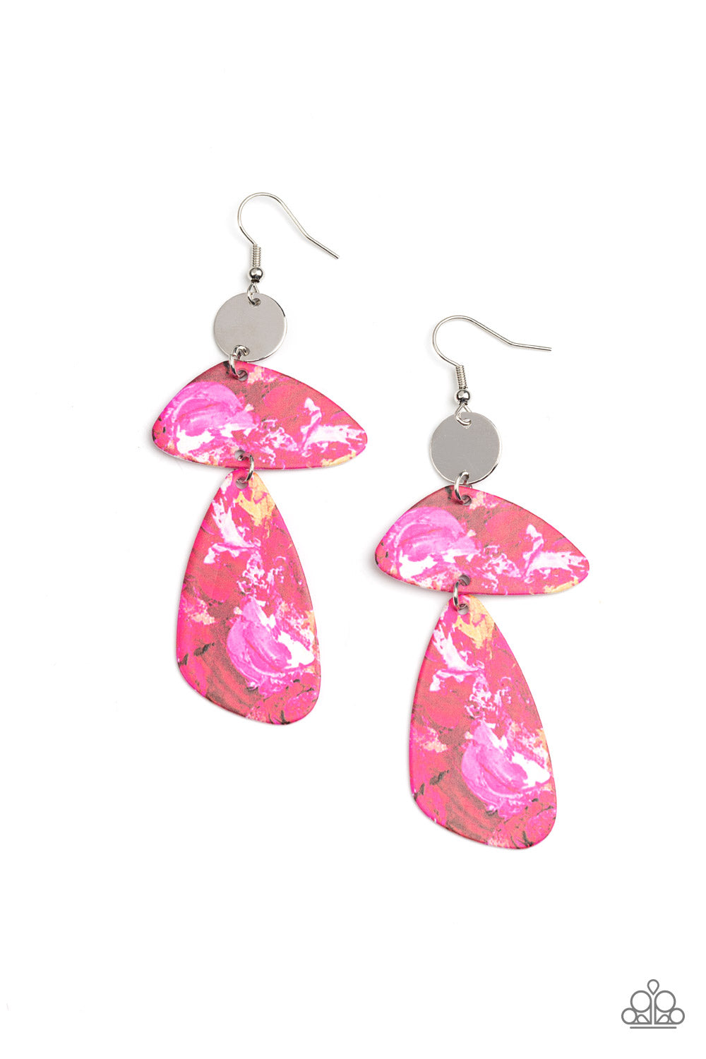 Painted in abstract pink details, a pair of asymmetrical frames swing from the bottom of a dainty silver disc for an artsy look. Earring attaches to a standard fishhook fitting.  Sold as one pair of earrings.