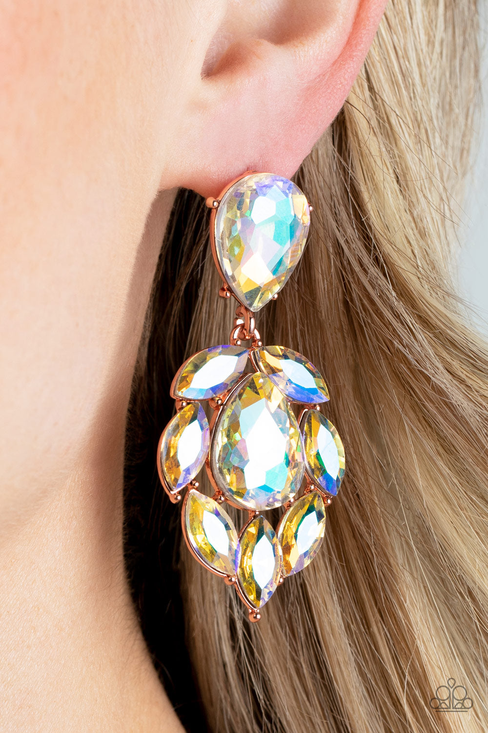 Galactic Go- Getter - Multi Iridescent Earrings Stvtellar collection of marquise cut iridescent rhinestones nestle around an oversized teardrop iridescent rhinestone, creating a dramatically stellar display at the bottom of a matching iridescent teardrop rhinestone. Earring attaches to a standard post fitting.  Sold as one pair of post earrings.