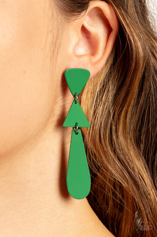 Retro Redux - Green Lure Earrings featuring a matte Leprechaun finish, two triangles and an oval frame delicately links into a colorfully retro lure. Earring attaches to a standard post fitting.  Sold as one pair of post earrings.
