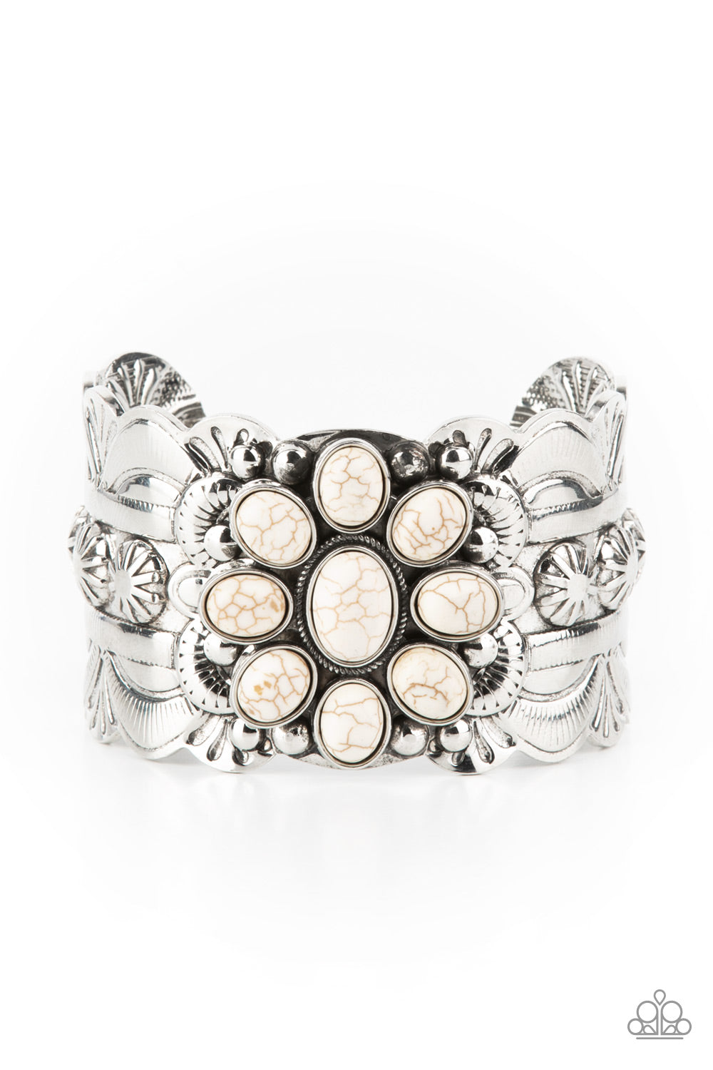 Southern Eden - White Stone Cuff Bracelets earthy white stones adorn the center of a substantial silver cuff that is studded and embossed in scalloped and sunburst accents, creating a floral centerpiece around the wrist.  Sold as one individual bracelet.