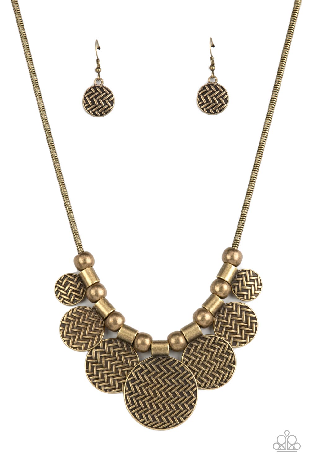 Indeginously Urban - Brass Disc Necklaces - Paparazzi Accessories Embossed in metallically stitched patterns, brass discs gradually increase in size as they alternate with chunky brass beads along a round brass snake chain, creating a noise-making fringe below the collar. Features an adjustable clasp closure. Sold as one individual necklace. Includes one pair of matching earrings.