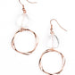 All Clear - Circle Clear Copper Earrings an imperfect crystal-like gem gives way to a twisted shiny copper hoop, resulting in a refined asymmetrical display. Earring attaches to a standard fishhook fitting.  Sold as one pair of earrings.  Paparazzi Jewelry is lead and nickel free so it's perfect for sensitive skin too!