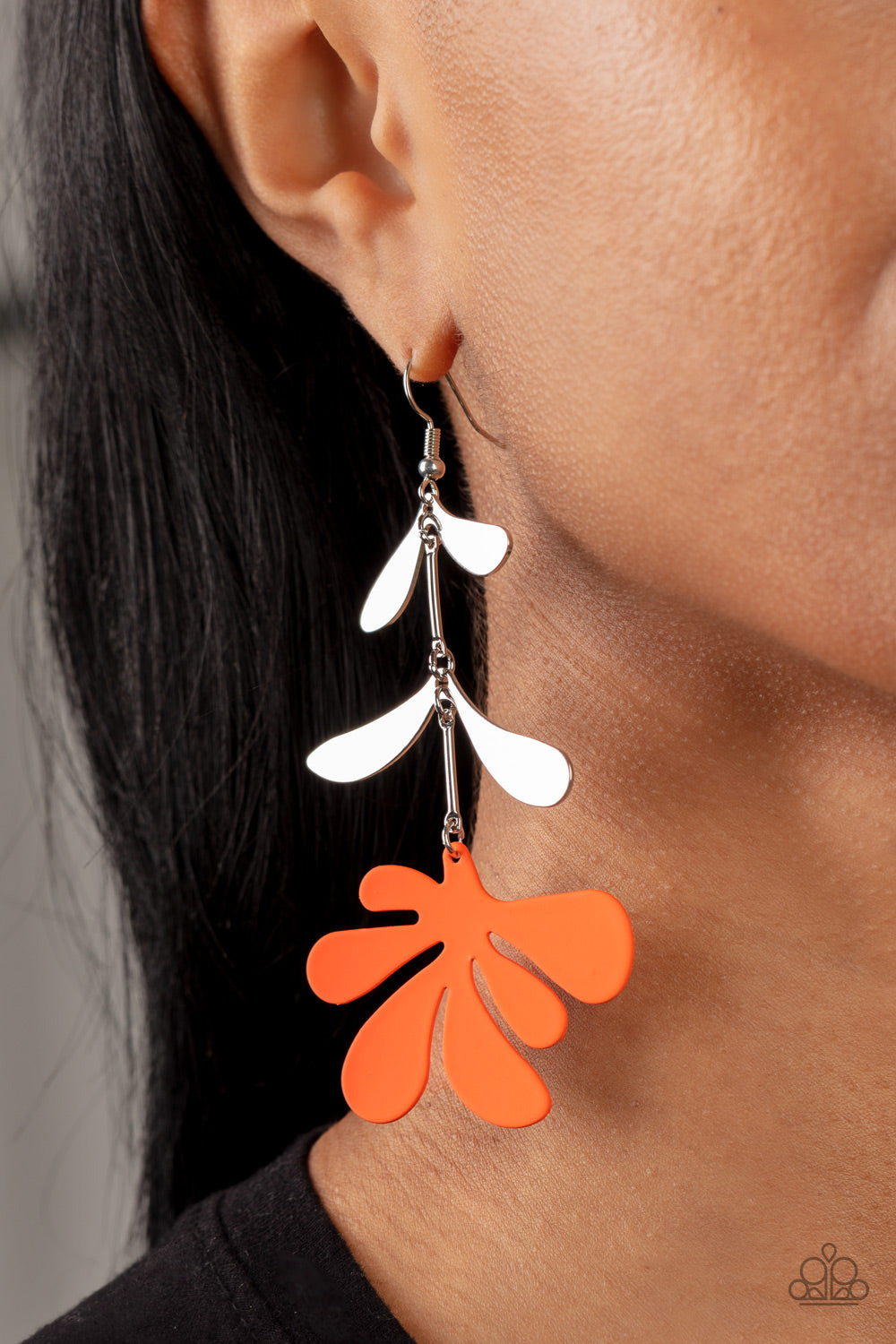 Palm Beach Bonanza - Orange Earrings painted in a lively matte orange, a fun metal palm leaf cut-out sways below two fanciful silver leaves separated by simple silver rods for a whimsical lure. Earring attaches to a standard fishhook fitting.  Sold as one pair of earrings.