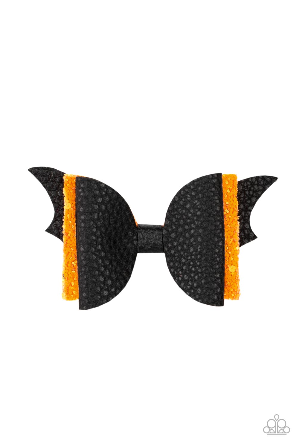 ​SPOOK-taculer, SPOOK-taculer - Black Hair Clips a soft black leather bow and a sparkling bright orange bow pair up to create a SPOOK-tacular impact over the silhouette of black bat wings. Features a standard hair clip on the back.  Paparazzi Jewelry is lead and nickel free so it's perfect for sensitive skin too!