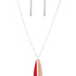 Grab a Paddle - Red Wood Necklaces featuring a classic linear design of red, white, and natural wood, a whimsical paddle creates a splashing pendant at the bottom of a lengthened dainty silver chain. Features an adjustable clasp closure.  Sold as one individual necklace. Includes one pair of matching earrings.