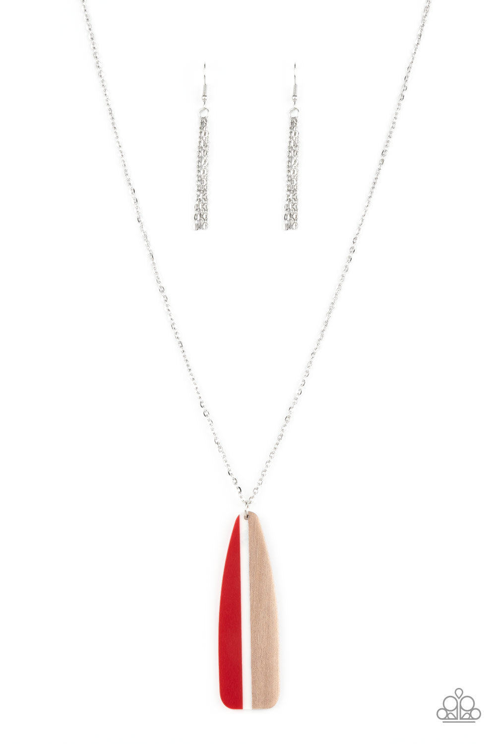 Grab a Paddle - Red Wood Necklaces featuring a classic linear design of red, white, and natural wood, a whimsical paddle creates a splashing pendant at the bottom of a lengthened dainty silver chain. Features an adjustable clasp closure.  Sold as one individual necklace. Includes one pair of matching earrings.