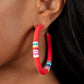 Colorfully Contagious - Red Hoop Earrings - Paparazzi Accessories rubbery red, blue, green, pink, orange, yellow, and white bands are threaded along an oversized silver hoop, creating a courageous pop of color. Earring attaches to a standard post fitting. Hoop measures approximately 2 1/4" in diameter.