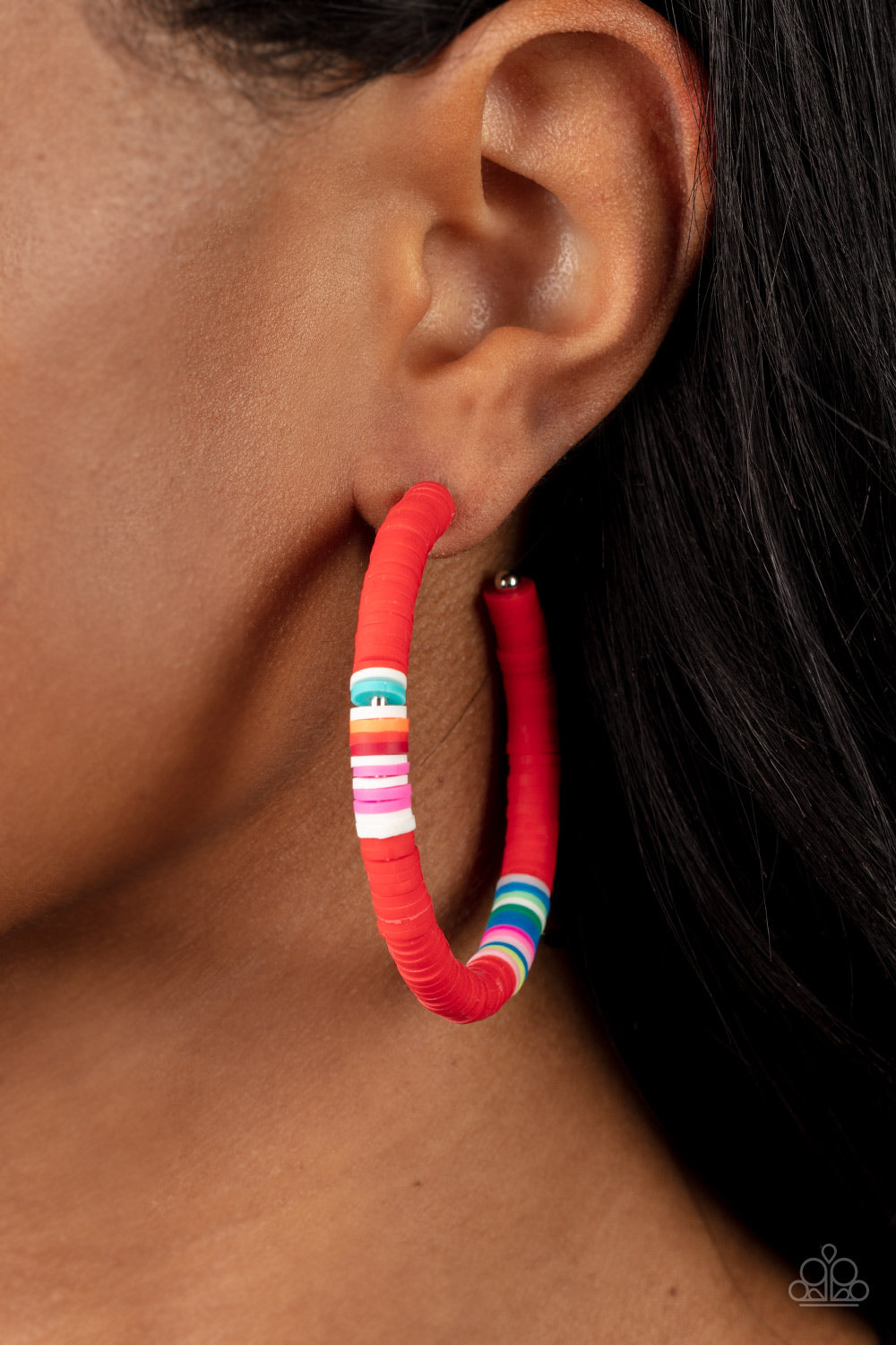 Colorfully Contagious - Red Hoop Earrings - Paparazzi Accessories rubbery red, blue, green, pink, orange, yellow, and white bands are threaded along an oversized silver hoop, creating a courageous pop of color. Earring attaches to a standard post fitting. Hoop measures approximately 2 1/4" in diameter.