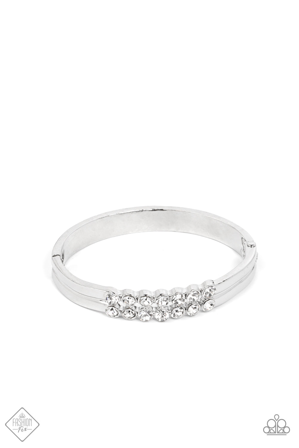 Doubled Down Dazzle - White Rhinestone Bracelets tacked layers of brilliant white rhinestones give way to double layers of sleek silver frames that feature a subtle wave, creating a dramatically modern design around the wrist. Features a hinged closure.  Sold as one individual bracelet.