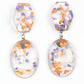 Paparazzi Accessories Flaky Fashion -Orange Earrings featuring multicolored confetti-like flakes, a clear acrylic oval frame swings from the bottom of a matching hexagonal frame, creating a bubbly lure. Earring attaches to a standard post fitting.  Sold as one pair of post earrings.  Paparazzi Jewelry is lead and nickel free so it's perfect for sensitive skin too!