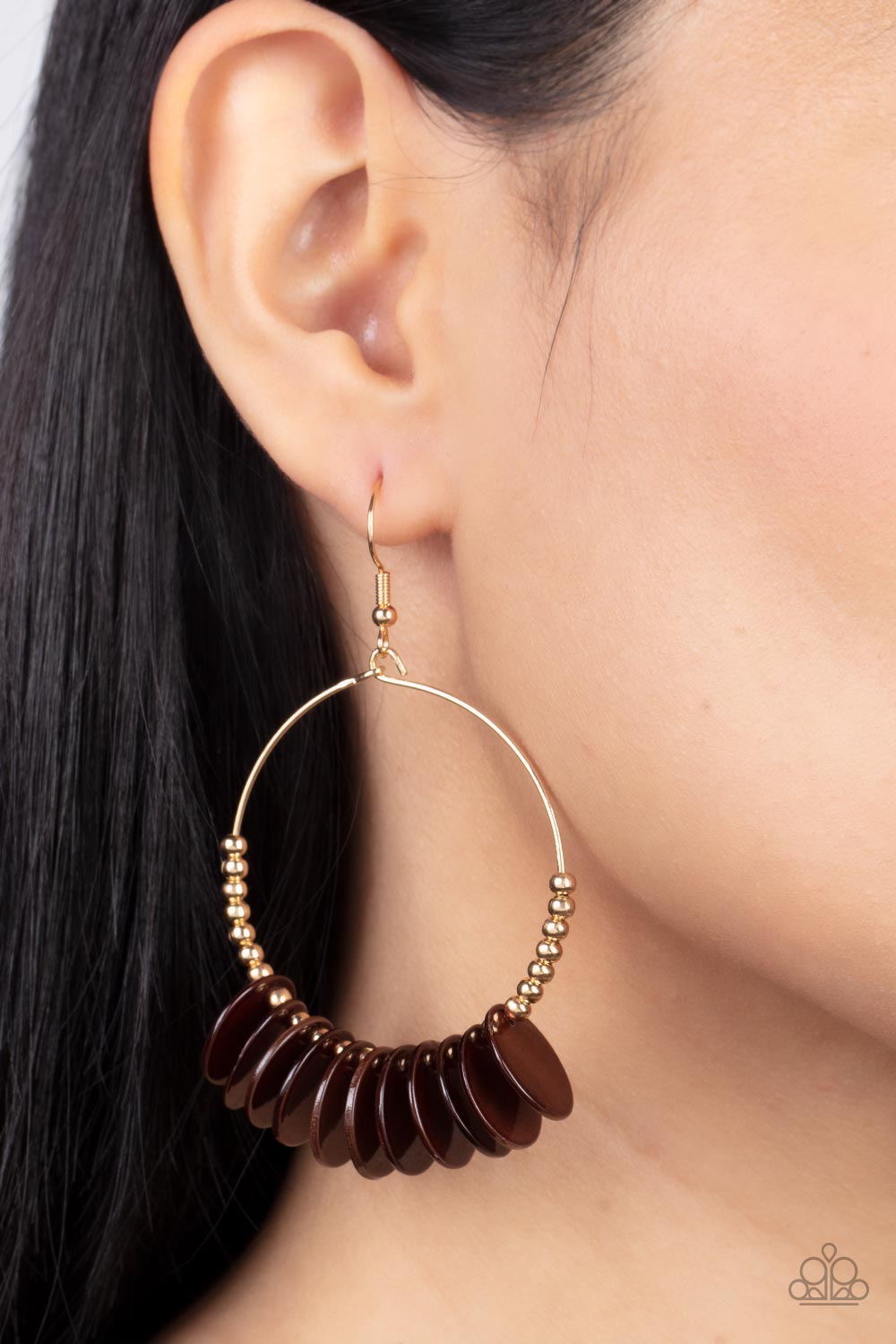 Caribbean Cocktail - Brown Shell-Like Earrings shiny brown shell-like discs alternate with dainty gold beads around a petite circular gold wire frame for a touch of Caribbean charisma. Earring attaches to a standard fishhook fitting.  Sold as one pair of earrings.