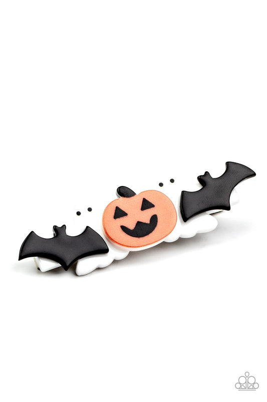 Youre So BOO-tiful - Multi Hair Clips pairs of black bats and white ghosts flank a spooky pumpkin, creating a SPOOK-tacular centerpiece. Features a standard hair clip on the back.  Sold as one individual hair clip.  Paparazzi Jewelry is lead and nickel free so it's perfect for sensitive skin too!