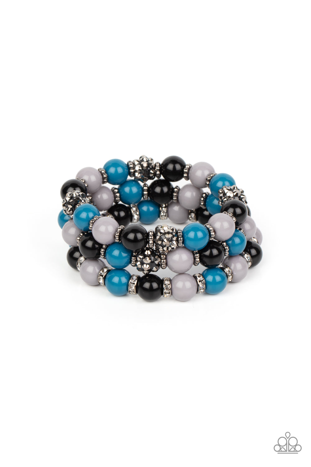 Paparazzi Accessories - Poshly Packing - Multi Bracelets a posh collection of polished multicolored beads, studded gunmetal rings, white rhinestone encrusted rings, and hematite dotted beads are threaded along stretchy bands around the wrist, creating sassy layers.  Sold as one set of three bracelets.