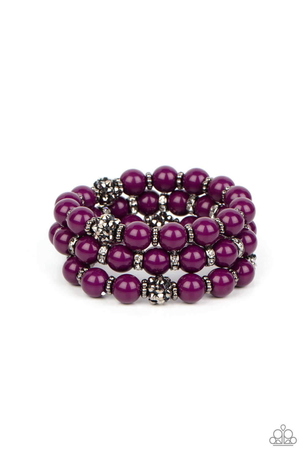 Paparazzi Accessories Poshly Packing - Purple Stretchy Bracelets a posh collection of polished purple beads, studded gunmetal rings, white rhinestone encrusted rings, and hematite dotted beads are threaded along stretchy bands around the wrist, creating sassy layers.  Featured inside The Preview at GLOW!  Sold as one set of three bracelets.