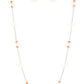 Keep Your Eye on The BALLROOM - Orange Pearl Necklace dotted with bubbly white pearls, an extended silver chain is adorned with metallic flecked orange opal gems and dainty white pearls for an elegant fashion. Features an adjustable clasp closure.  Sold as one individual necklace. Includes one pair of matching earrings.