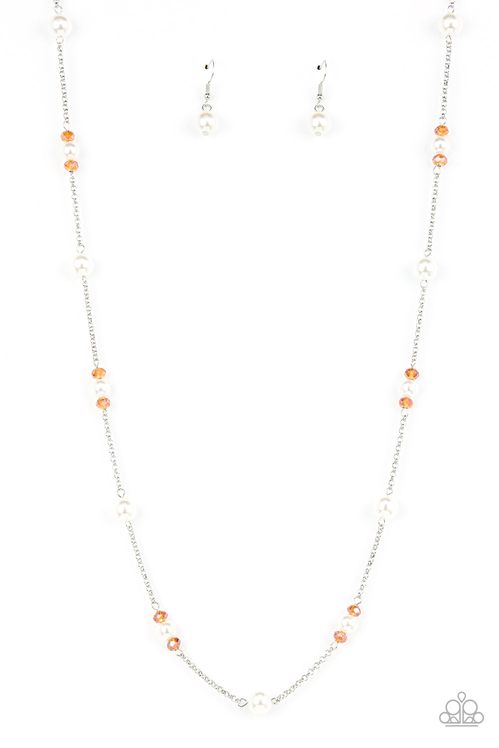 Keep Your Eye on The BALLROOM - Orange Pearl Necklace dotted with bubbly white pearls, an extended silver chain is adorned with metallic flecked orange opal gems and dainty white pearls for an elegant fashion. Features an adjustable clasp closure.  Sold as one individual necklace. Includes one pair of matching earrings.