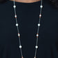 Keep Your Eye on The BALLROOM - Orange Pearl Necklace dotted with bubbly white pearls, an extended silver chain is adorned with metallic flecked orange opal gems and dainty white pearls for an elegant fashion. Features an adjustable clasp closure.  Sold as one individual necklace. Includes one pair of matching earrings.