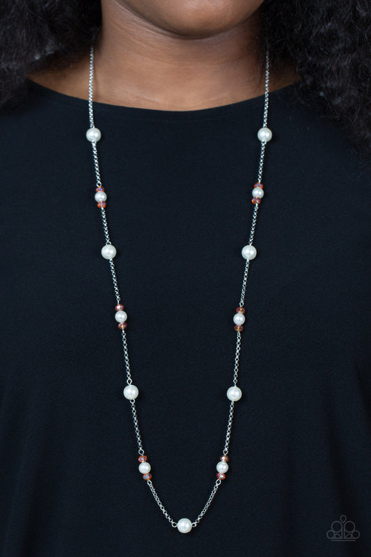 Keep Your Eye on The BALLROOM - Orange Pearl Necklace dotted with bubbly white pearls, an extended silver chain is adorned with metallic flecked orange opal gems and dainty white pearls for an elegant fashion. Features an adjustable clasp closure.  Sold as one individual necklace. Includes one pair of matching earrings.