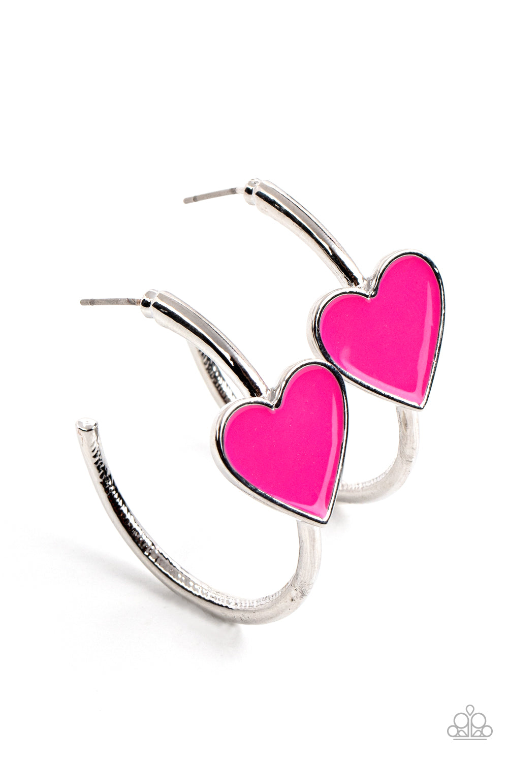 Kiss Up - Pink Heart Hoop Hearrings a charming Fuchsia Fedora heart adorns the front of a classic silver hoop resulting in a whimsical fashion. Earring attaches to a standard post fitting. Hoop measures approximately 1 1/4" in diameter.  Sold as one pair of hoop earrings.  Paparazzi Jewelry is lead and nickel free so it's perfect for sensitive skin too!