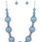 Paparazzi Accessories - Race to the Pop - Blue Necklaces an oversized collection of glassy Spring Lake beads and shiny silver discs are threaded along an invisible wire, creating a dramatic pop of color below the collar. Features an adjustable clasp closure.  Sold as one individual necklace. Includes one pair of matching earrings.