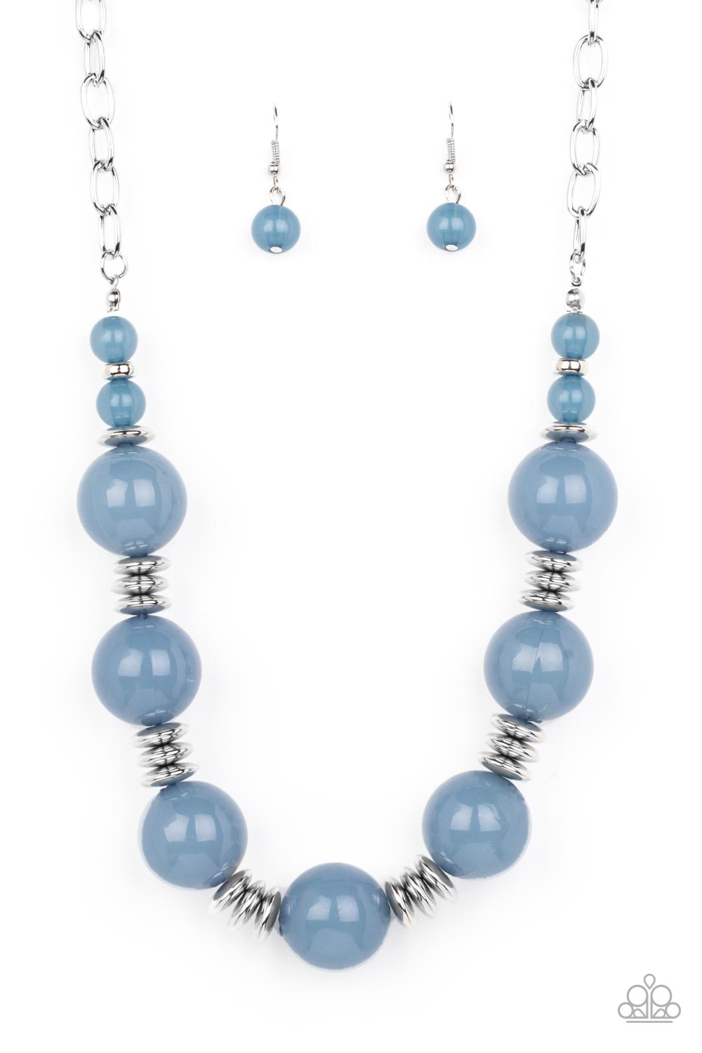 Paparazzi Accessories - Race to the Pop - Blue Necklaces an oversized collection of glassy Spring Lake beads and shiny silver discs are threaded along an invisible wire, creating a dramatic pop of color below the collar. Features an adjustable clasp closure.  Sold as one individual necklace. Includes one pair of matching earrings.