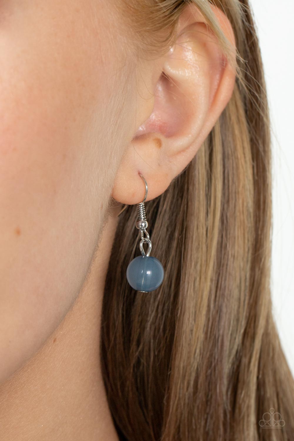 Paparazzi Accessories - Race to the Pop - Blue Necklaces an oversized collection of glassy Spring Lake beads and shiny silver discs are threaded along an invisible wire, creating a dramatic pop of color below the collar. Features an adjustable clasp closure.  Sold as one individual necklace. Includes one pair of matching earrings.