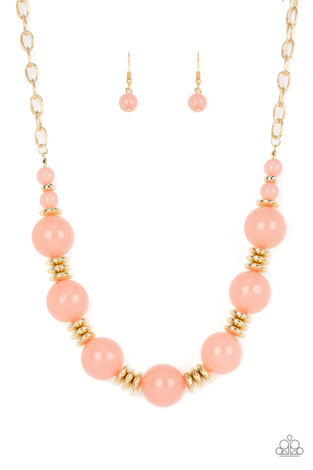 Paparazzi Accessories - Race to the Pop - Pink Necklaces an oversized collection of glassy Pale Rosette beads and shiny gold discs are threaded along an invisible wire, creating a dramatic pop of color below the collar. Features an adjustable clasp closure.  Sold as one individual necklace. Includes one pair of matching earrings.