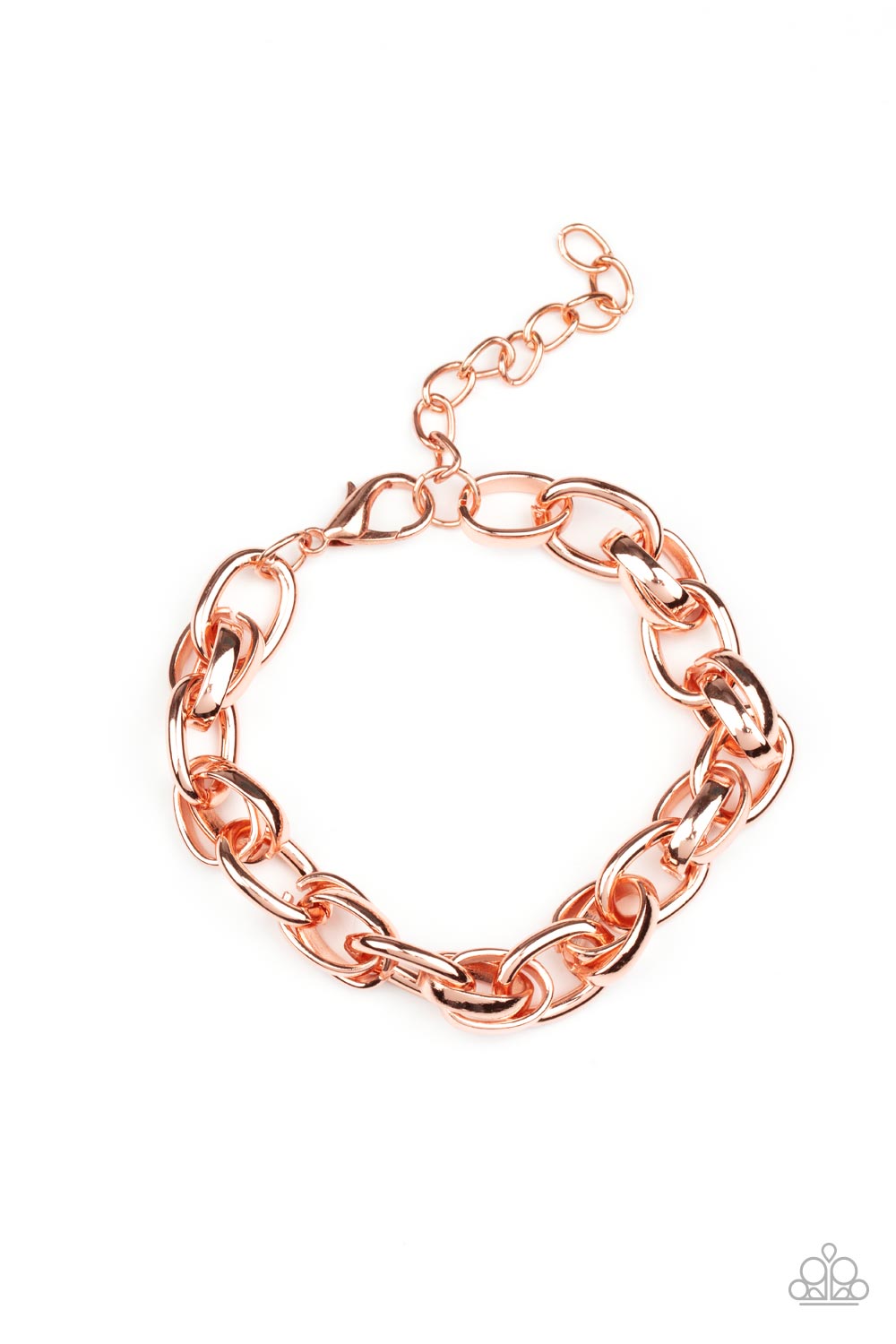 Rookie Roulette - Copper Link Bracelets  a chunky collection of bold shiny copper links interlock around the wrist, creating an intense industrial centerpiece. Features an adjustable clasp closure.  Sold as one individual bracelet.