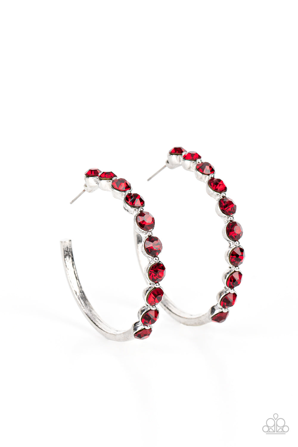 Photo Finish - Red Rhinestone Hoop Earrings - Paparazzi Accessories the front of a bold silver hoop is encrusted in fiery red rhinestones, creating a glamorous pop of sparkle. Earring attaches to a standard post fitting. Hoop measures approximately 1 3/4" in diameter.  Sold as one pair of hoop earrings.