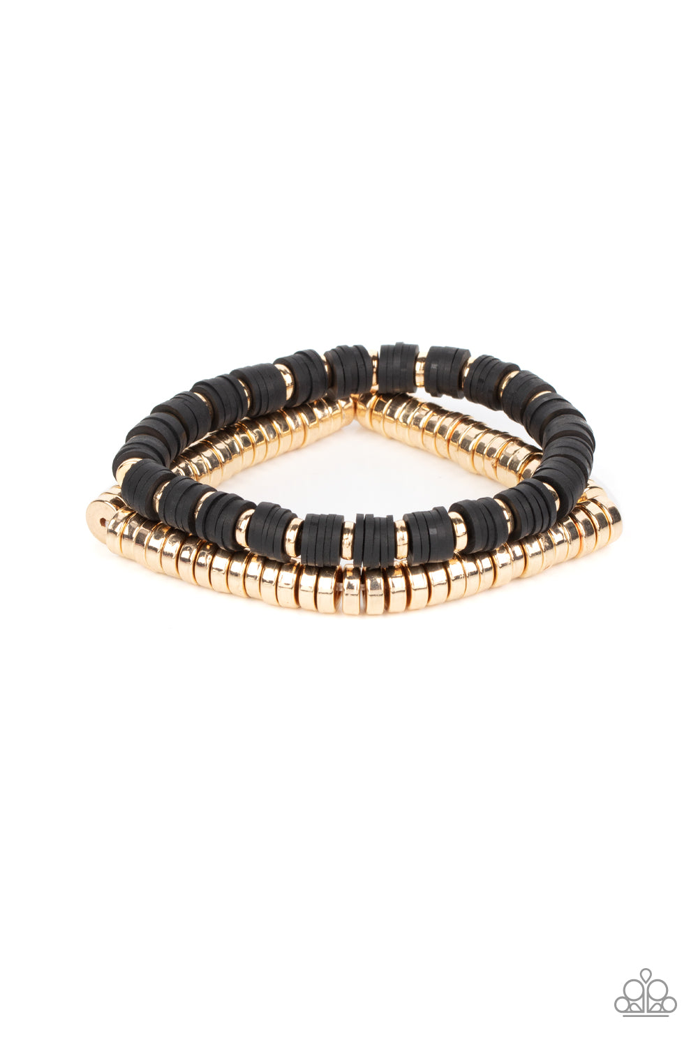 Catalina Marina - Black Stretchy Bracelets infused with stretchy bands, a row of gold disc beads joins a strand of rubbery black and gold discs around the wrist, resulting in a modern duo.  Sold as one pair of bracelets.