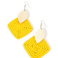 Paparazzi Sabbatical WEAVE - Yellow Wood Earrings leaf shaped white wooden frame delicately overlaps with an intricately woven Illuminating wicker-like frame, creating a sunny pop of color. Earring attaches to a standard fishhook fitting.  Sold as one pair of earrings.