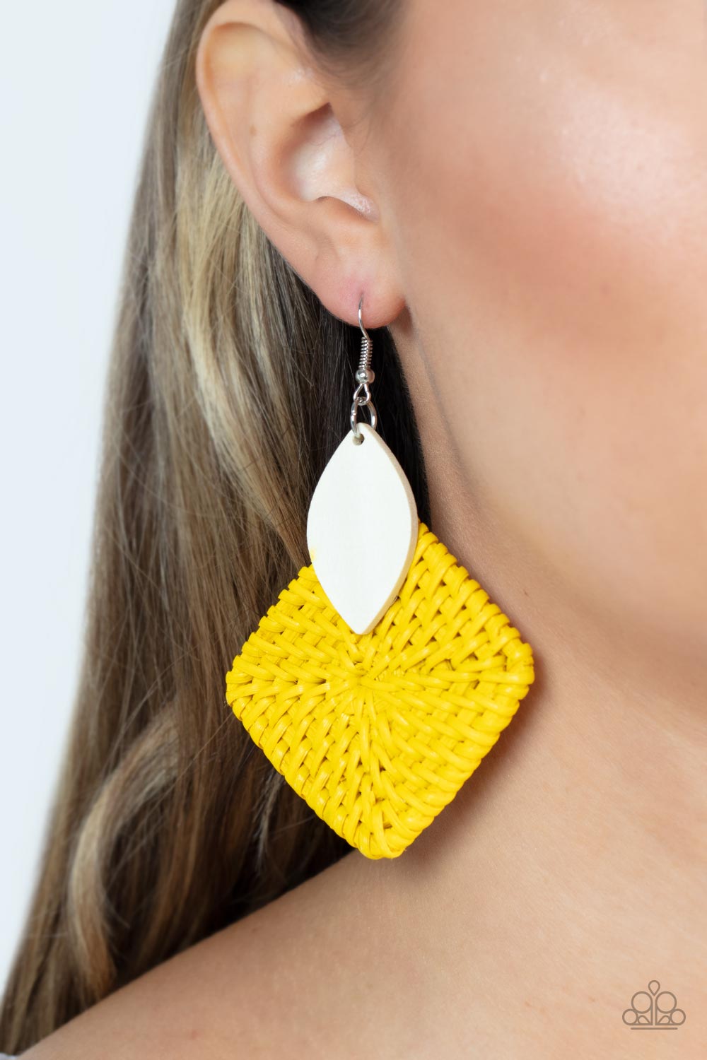 Paparazzi Sabbatical WEAVE - Yellow Wood Earrings leaf shaped white wooden frame delicately overlaps with an intricately woven Illuminating wicker-like frame, creating a sunny pop of color. Earring attaches to a standard fishhook fitting.  Sold as one pair of earrings.