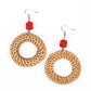 Paparazzi Accessories - Wildly Wicker - Red Earrings a wicker-like hoop swings from the bottom of a faceted red wooden bead, adding an earthy twist to the trendy homespun trinket. Earring attaches to a standard fishhook fitting.  Featured inside The Preview at GLOW! Sold as one pair of earrings.
