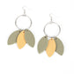 Leafy Laguna - Multi Leather Earrings leafy green and tan leather frames swing from the bottom of a textured silver hoop, creating an earthy fringe. Earring attaches to a standard fishhook fitting.  Sold as one pair of earrings.