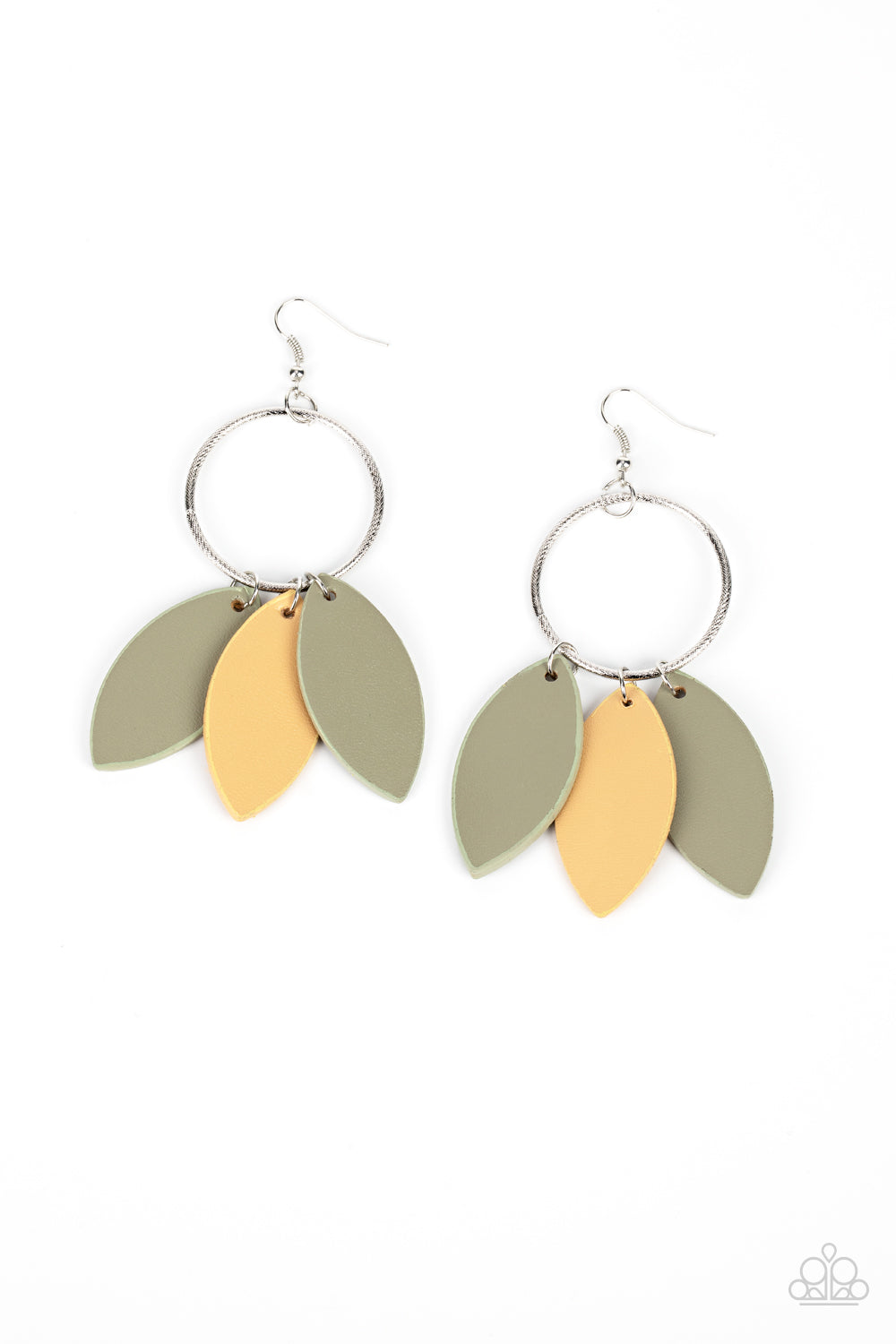 Leafy Laguna - Multi Leather Earrings leafy green and tan leather frames swing from the bottom of a textured silver hoop, creating an earthy fringe. Earring attaches to a standard fishhook fitting.  Sold as one pair of earrings.