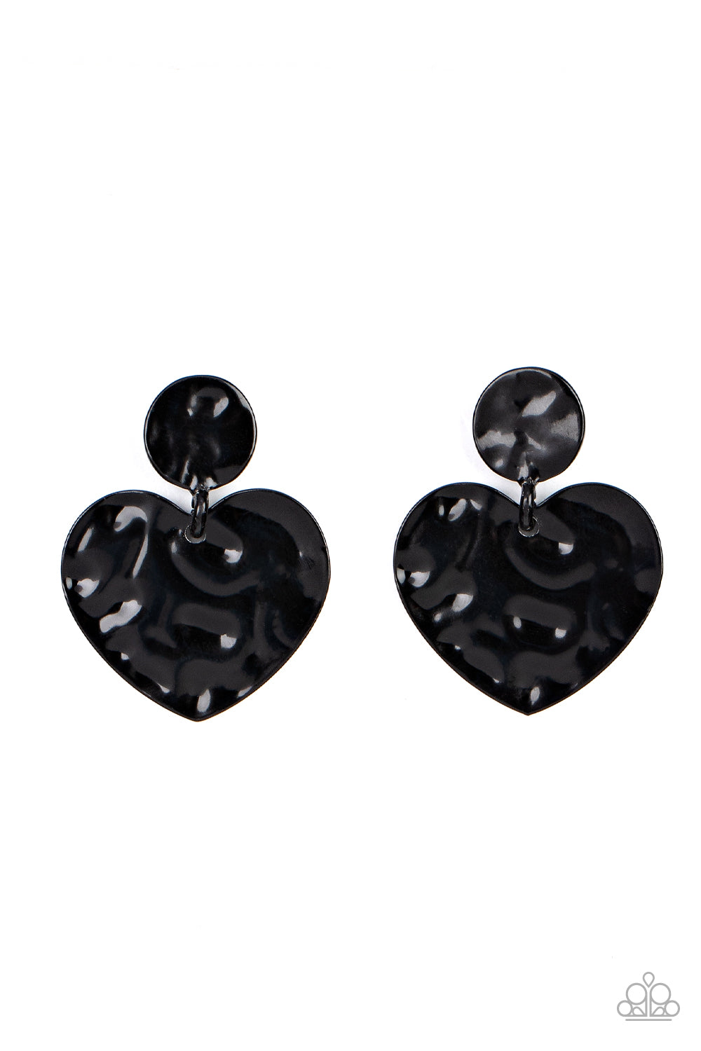Just a Little Crush - Black Hammered Heart Earrings painted in a glossy black finish, a hammered disc gives way to a hammered heart frame for a flirtatious fashion. Earring attaches to a standard post fitting.  Sold as one pair of post earrings.  Paparazzi Jewelry is lead and nickel free so it's perfect for sensitive skin too!