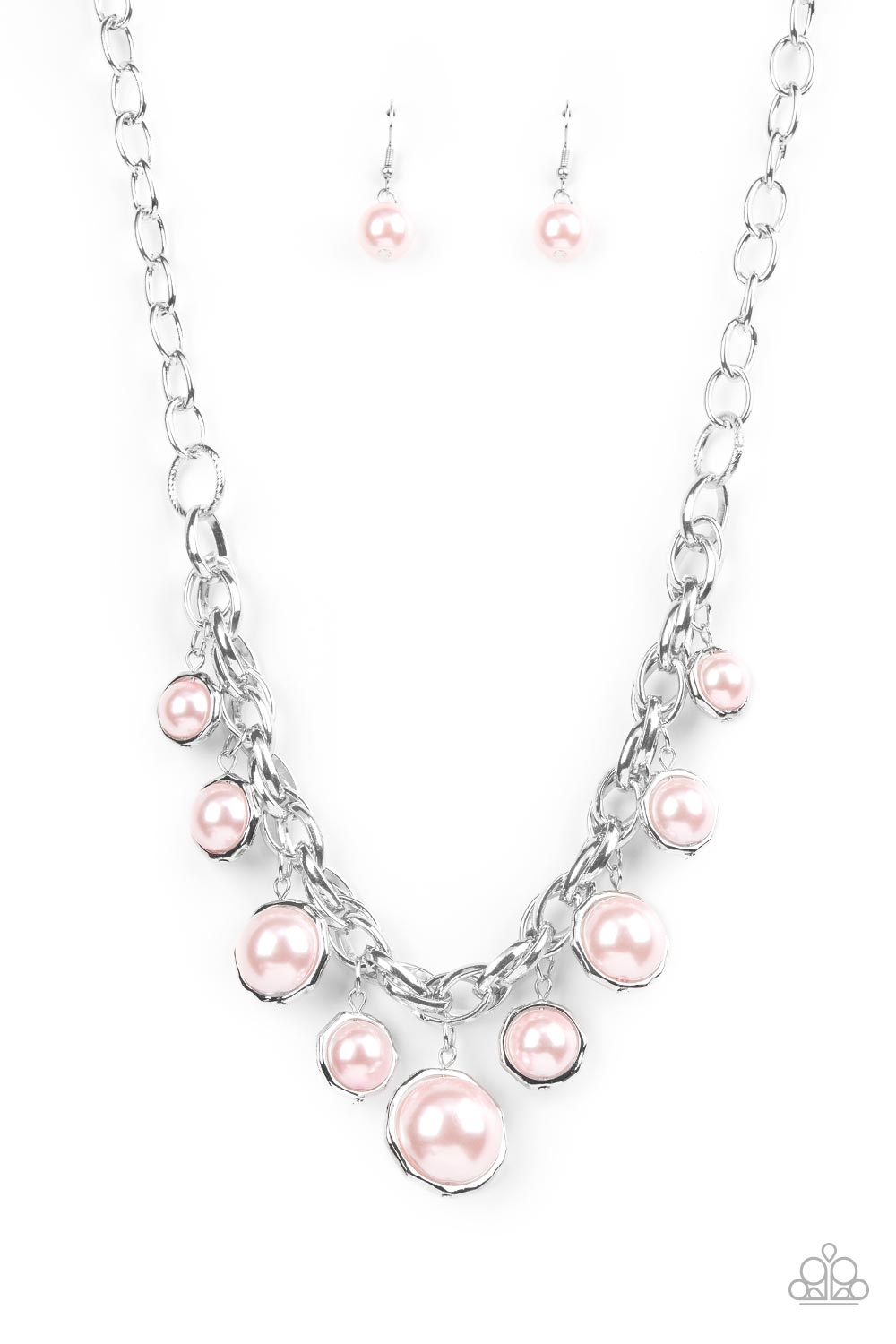 Revolving Refinement - Pink Pearl Necklaces luscious pink pearls are threaded along a rod inside imperfect silver rings and swing from a chunky section of double-linked silver chain, creating a dramatic display across the chest. Features an adjustable clasp closure.  Sold as one individual necklace. Includes one pair of matching earrings.  Get The Complete Look! Bracelet: "Orbiting Opulence - Pink" (Sold Separately)