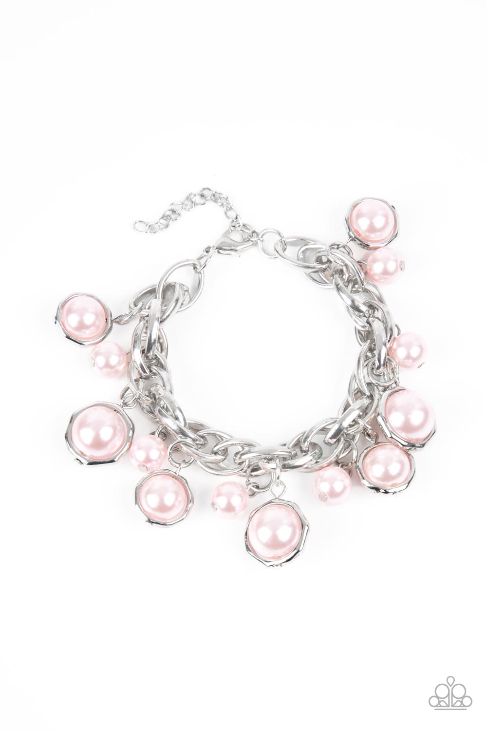 Orbiting Opulence - Pink Pearl Bracelets luscious pink pearls and solitaire pearls that are threaded along a rod inside imperfect silver rings swing from a chunky double-linked silver chain around the wrist, creating a dramatic fringe. Features an adjustable clasp closure.  Sold as one individual bracelet.  Get The Complete Look! Necklace: "Revolving Refinement - Pink" (Sold Separately)