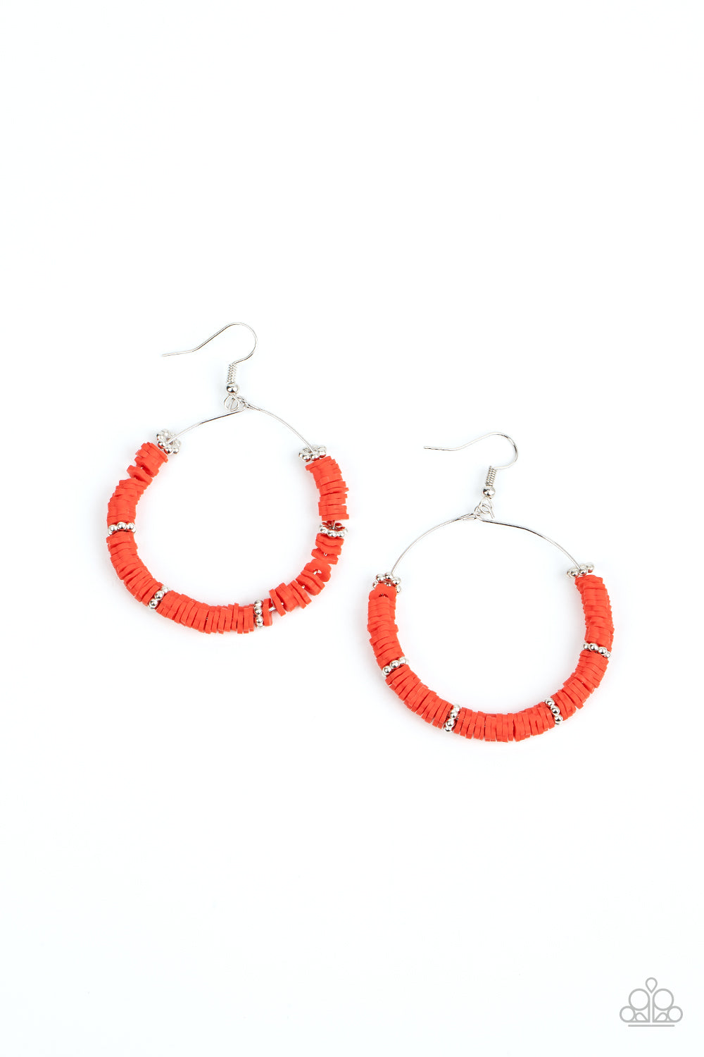 Loudly Layered - Red Floral Earrings infused with studded silver floral-shaped rings, a flamboyant collection of rubbery red flowers are threaded along a dainty wire hoop for a whimsical pop of color. Earring attaches to a standard fishhook fitting.