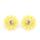 Sunshiny DAIS-y - Yellow Petal Earrings layers of yellow petals fan out from an oversized white rhinestone fitting, blooming into a sparkly floral centerpiece. Earring attaches to a standard post fitting.  Sold as one pair of post earrings.