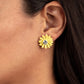 Sunshiny DAIS-y - Yellow Petal Earrings layers of yellow petals fan out from an oversized white rhinestone fitting, blooming into a sparkly floral centerpiece. Earring attaches to a standard post fitting.  Sold as one pair of post earrings.