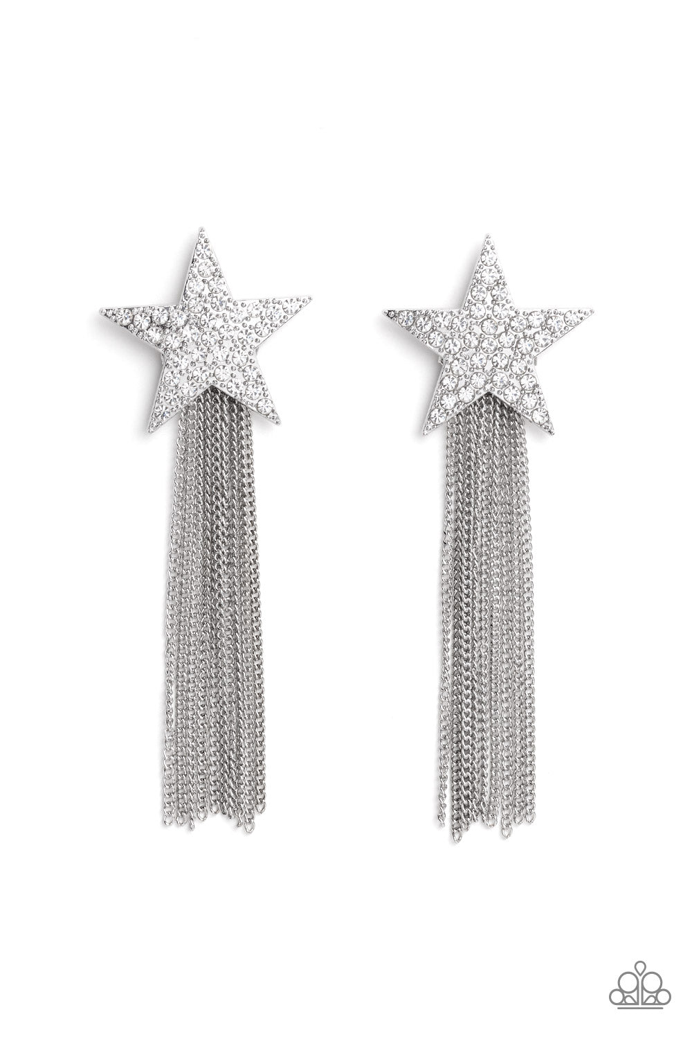  curtain of silver chains streams out from the bottom of an oversized silver star encrusted in blinding white rhinestones, resulting in a stellar tassel. Earring attaches to a standard post fitting.  Sold as one pair of post earrings.