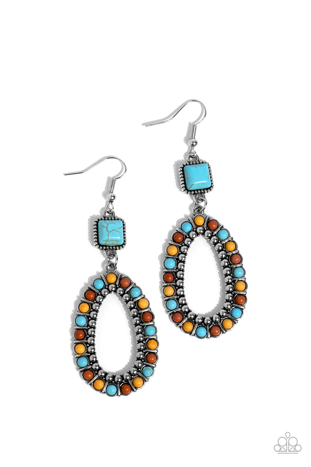 Paparazzi Accessories Napa-Valley Luxe - Multi Stone Convention Earrings a turquoise stone, chiseled into a polished square, gives way to a silver studded hoop bordered in dainty turquoise, brown, and yellow stones, creating a rustically scalloped lure. Earring attaches to a standard.  2022 GLOW Convention Exclusive 